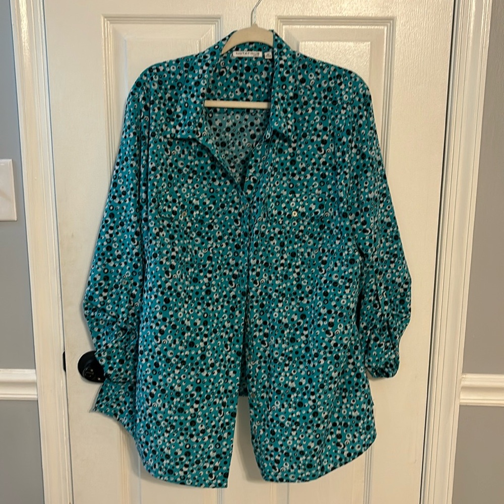 Button down teal black and white blouse.